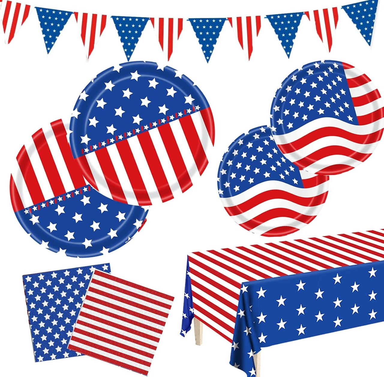 Patriotic Party Supplies, American Flag Patriotic Party Sets, 4th of July Paper Plates and Napkins Tablecloth, Memorial, Veterans Day, Red White Blue Party Decorations, Serve 25